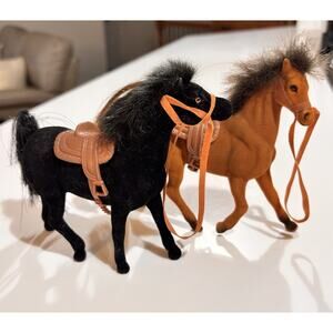 Vintage Small Flocked Plastic Horse Lot Toy Figurine Pony Brown & Black 4.75”